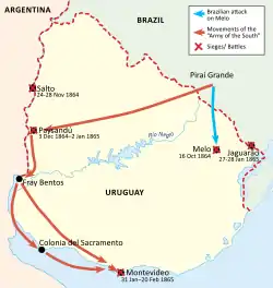 Uruguay with lines drawn down the western and southwestern side of the country, a short arrow in the northeast, and another line bisecting the country from east to west