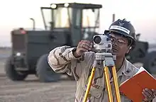 A surveyor uses a level