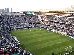 In-game action during a soccer match at Soldier Field, which is the home venue of the Chicago Fire FC (MLS)