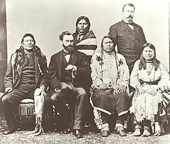 From left to right: Chief Ignacio of the Southern Utes, Carl Shurz, U.S. Secretary of the Interior, Chief Ouray and his wife, Chipeta. Woretsiz and General Charles Adams (Colorado Indian agent) are standing. Taken in Washington, D.C. in 1880 when a Ute Indian delegation negotiated a treaty with the U.S. government. Photograph by Mathew Brady.