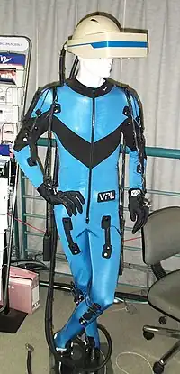 Image 10A VPL Research DataSuit, a full-body outfit with sensors for measuring the movement of arms, legs, and trunk. Developed circa 1989. Displayed at the Nissho Iwai showroom in Tokyo (from Virtual reality)