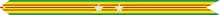 A yellow streamer with two green horizontal stripes on the outside and three horizontal red stripes and two silver stars and one bronze star in the center