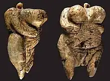 Two views of the Venus of Hohle Fels figurine, 40,000 BC–35,000 BC (6 cm (2.4 in) tall), one of the earliest known, undisputed examples of a depiction of a human being