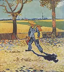 man wearing a straw hat, carrying a canvas and paintbox, walking to the left, down a tree lined, leaf strewn country road