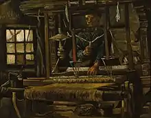 Van Gogh's 1884 painting "Weaver, Seen from the Front", with the mill visible through the window