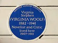 Greater London Council plaque at 29 Fitzroy Square, Fitzrovia, commemorating Virginia Woolf (erected 1974)