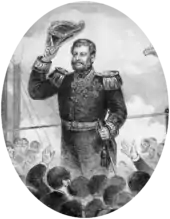 Drawing showing a man with dark hair and graying sideburns, dressed in an elaborately embroidered naval uniform having a double-breasted tunic adorned with epaulettes and medals, and who is raising his bicorn hat in acknowledgement of the waves of a cheering crowd standing below him