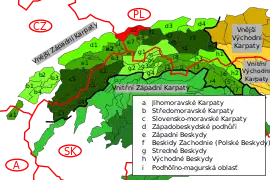 Silesian Foothills, marked in red and labeled with D2