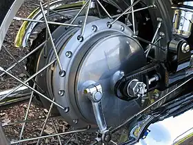 A drum brake at the spoked rear wheel of a  Kawasaki W800