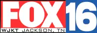 From top left: A bright red box with the Fox logo next to a blue box containing a bold, somewhat squished numeral 16". Below the red box is a white box with the words "W J K T Jackson, T N" in black. The appearance is similar to that of the logo of W R E G - T V in Memphis.