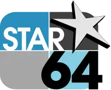 A rounded rectangle divided into blue and gray parts with the word STAR in white, a pointed silver star with black shadow in the upper right, and a black 64 in a sans serif in the lower right corner.