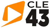 At left, a yellow-orange parallelogram with rounded edges with a cutout triangle shape representing a "play" button symbol. At right, two lines of text, the top row in a light font weight reading "CLE" with the bottom row in a heavy font weight reading "43".