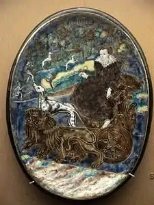 Diane de Poitiers, in a chariot drawn by lions, Limoges c. 1600, attributed to Francois Limousin, WB.39