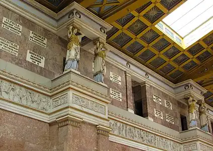 Polychrome Greek Revival caryatids of the Walhalla Temple, near Regensburg, Germany, designed by Leo von Klenze in 1821, built in 1830-1842