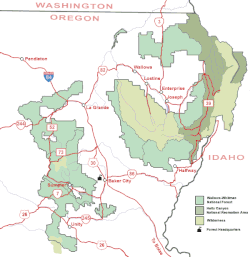 Baker City along I-84 in Oregon, surrounded by sections of Wallowa–Whitman National Forest.