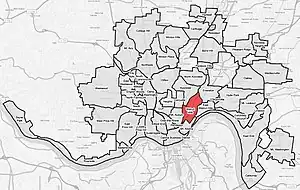 Walnut Hills (red) within Cincinnati, Ohio.