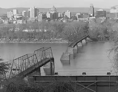 Western span of the Walnut Street Bridge in Harrisburg, Pennsylvania after it collapsed during the 1996 flood.