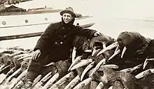 Hunter sitting on dozens of walruses killed for their tusks, 1911