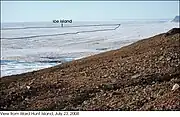 North coast of Ward Hunt Island, looking to grounded iceberg ("ice island"), 23 July 2008, shows a crack (outline added) in the Ward Hunt Ice Shelf