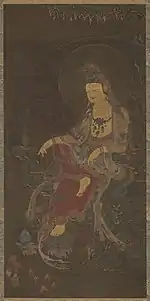 Water-moon Avalokiteśvara (Suwol Gwaneum bosal). Ink, color and gold on silk. Late Goryeo period, mid-14th century