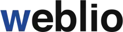 Lowercase text logo of Weblio with W made blue and the remaining letters black