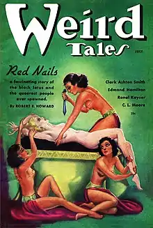 Magazine cover showing a naked woman held on an altar by other woman and about to be sacrificed.