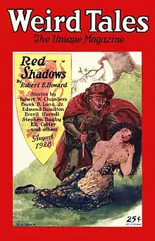 Red bordered magazie cover; the central illustration shows a man holding a supine woman