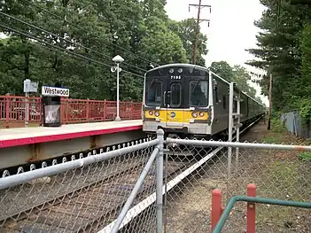 A train bound for West Hempstead as seen from the Lynbrook side of the tracks.