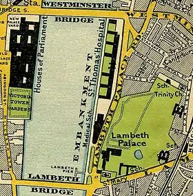 1897 map, showing Lambeth Palace, Lambeth Bridge, the Houses of Parliament and Westminster Bridge