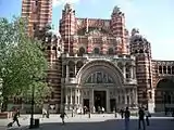 The Neo-Byzantine façade of Westminster Cathedral, London