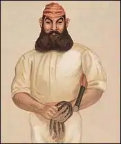 Caricature of man with a large beard dressed in cricket gear and holding a bat and gloves