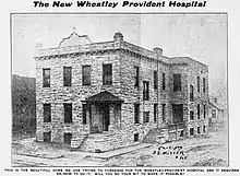 Old newspaper photo of a limestone-clad building with the caption "This is the beautiful home we are trying to purchase for the Wheatley-Provident Hospital and it requires $25,000 to do it. Will you do your bit to make it possible?"