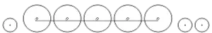 Diagram of one small leading wheel, five large driving wheels joined together with a coupling rod, and two small trailing wheels