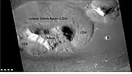 Wide view of mesa with surrounding lobate debris apron, as seen by CTX.  Part of this picture is enlarged in the following HiRISE image.  Location is the Ismenius Lacus quadrangle.