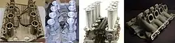 FE 427 injection manifolds. Left to right: Algon (1 of 2 versions), Tecalmit-Jackson, Hilborn (converted to EFI), Factory Ford design tunnelport crossram for use in the GT40