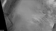 Layers in southern part of mound in South crater, as seen by CTX camera.  Note: this is an enlargement of the previous image of east side of South crater.