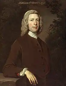 Standing painted half-length portrait of William Fellowes, wearing a wig and brown jacket, with right elbow on a table