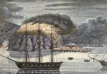 Image 38HMS North Star destroying Pomare's Pā during the Northern/Flagstaff War, 1845, Painting by John Williams. (from History of New Zealand)