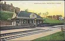 An early postcard showing a small stone railway station