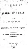 Title page reads "A Vindication of the Rights of Woman: with Strictures on Political and Moral Subjects. By Mary Wollstonecraft. London: Printed for J. Johnson, No. 72, St. Paul's church-Yard. 1792."