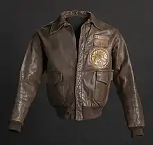 photo of a leather jacket worn by Woodrow Crockett as a member of the Tuskegee Airmen.