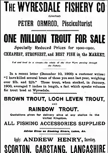 Advertisement for the sale of trout at Wyresdale Fishery in 1900.