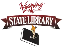 image of a person "riding" a book as if it were a horse with the words Wyoming State Library on top