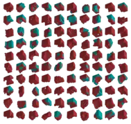 One hundred computer-designed blueprints for a walking organism composed of passive (cyan) and contractile (red) voxels.