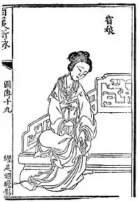 A black and white stylised illustration of a woman sat down, one foot resting on top of her left thigh, wrapping and binding her right foot.