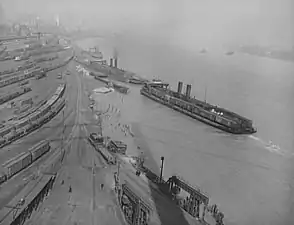 Classification yard and two docking train ferries in Detroit, April 1943. A third ferry slip can be seen at the bottom of the photograph.