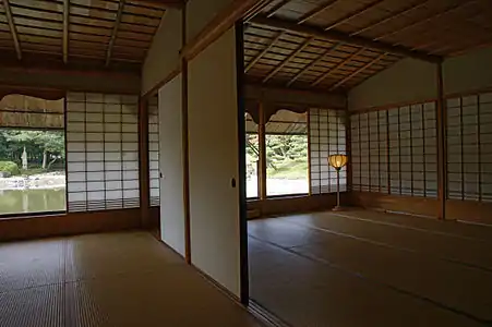 Room with tatami flooring in an inauspicious layout and paper doors (shōji)