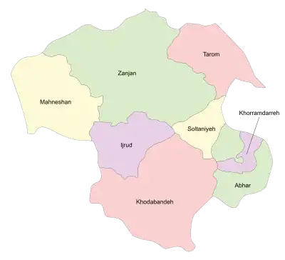 Location of Khodabandeh County in Zanjan province (right, purple)