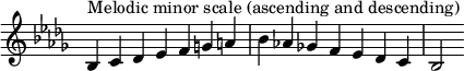  {
\omit Score.TimeSignature \relative c' {
  \key bes \minor \time 7/4 bes^"Melodic minor scale (ascending and descending)" c des es f g a bes aes! ges! f es des c bes2
} }
