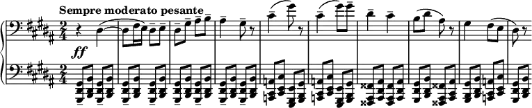 
{\new PianoStaff << 
\new Staff  \relative c'
{\clef bass \key gis\minor \set Score.tempoHideNote=##t \time 2/4 \tempo "Sempre moderato pesante"4=46 \override DynamicLineSpanner.staff-padding = #2.5 r4_\ff dis,4 ~(dis8 fis16 e16) dis8-- e8-- dis8-- gis8-- ais8-- b8-- ais4-- gis8-- r8 cis4-- (gis'8) r8 cis,4-- (gis'8) gis8-- dis4-- cis4-- b8 (dis8 ais8) r8 gis4 fis8 (e8 dis8) r8}
\new Staff \relative c{\clef bass \time 2/4 \key gis\minor
\repeat unfold 8{<gis, dis' gis>8-- <b dis b'>8}
\repeat unfold 2 {<a cis a'>8 <cis e cis'>8 <e, gis e'>8 <gis b gis'>8} <fisis ais fisis'>8 <ais dis ais'>8 <fisis ais fisis'>8 <ais dis ais'>8  <gis dis' gis>8 <b dis b'>8 <fisis ais fisis'>8 <ais cis ais'>8 
<gis b gis'>8 <b dis b'>8 <a cis a'>8 <cis e cis'>8 <gis dis' gis>8 <b dis b'>8}
>>}
